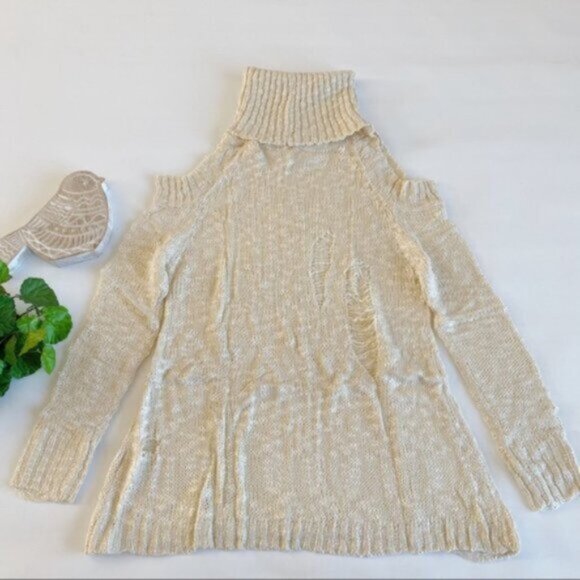 Easel | Bethany Distressed Destructed Cold Shoulder Sweater Tunic Cream Medium - Picture 9 of 14